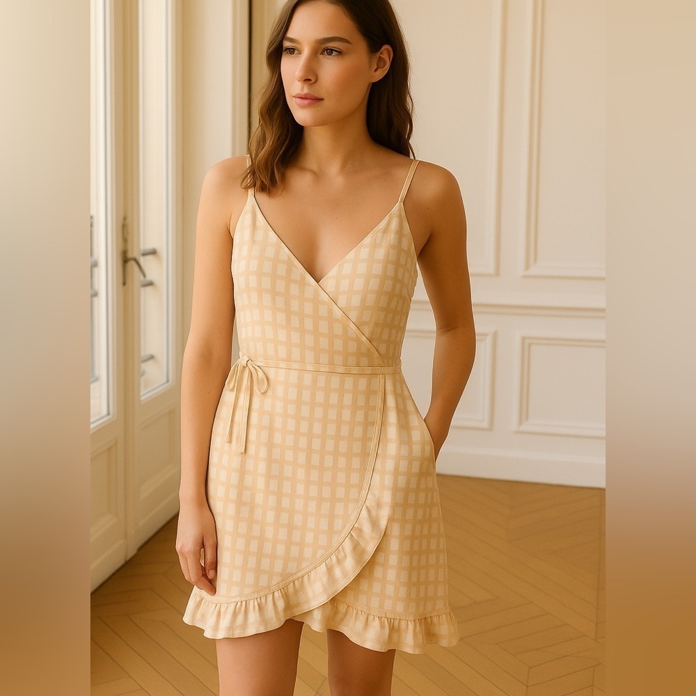 NWT ASOS Cami Faux Wrap Gingham Butter Yellow Mini Dress Sz 10